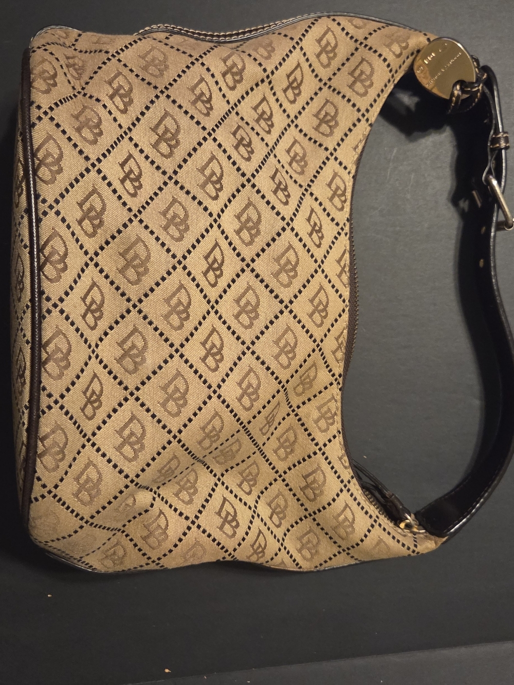 90s Dooney & Bourke Tan Monogram Small Canvas Hobo with Dark Brown Leather Trim